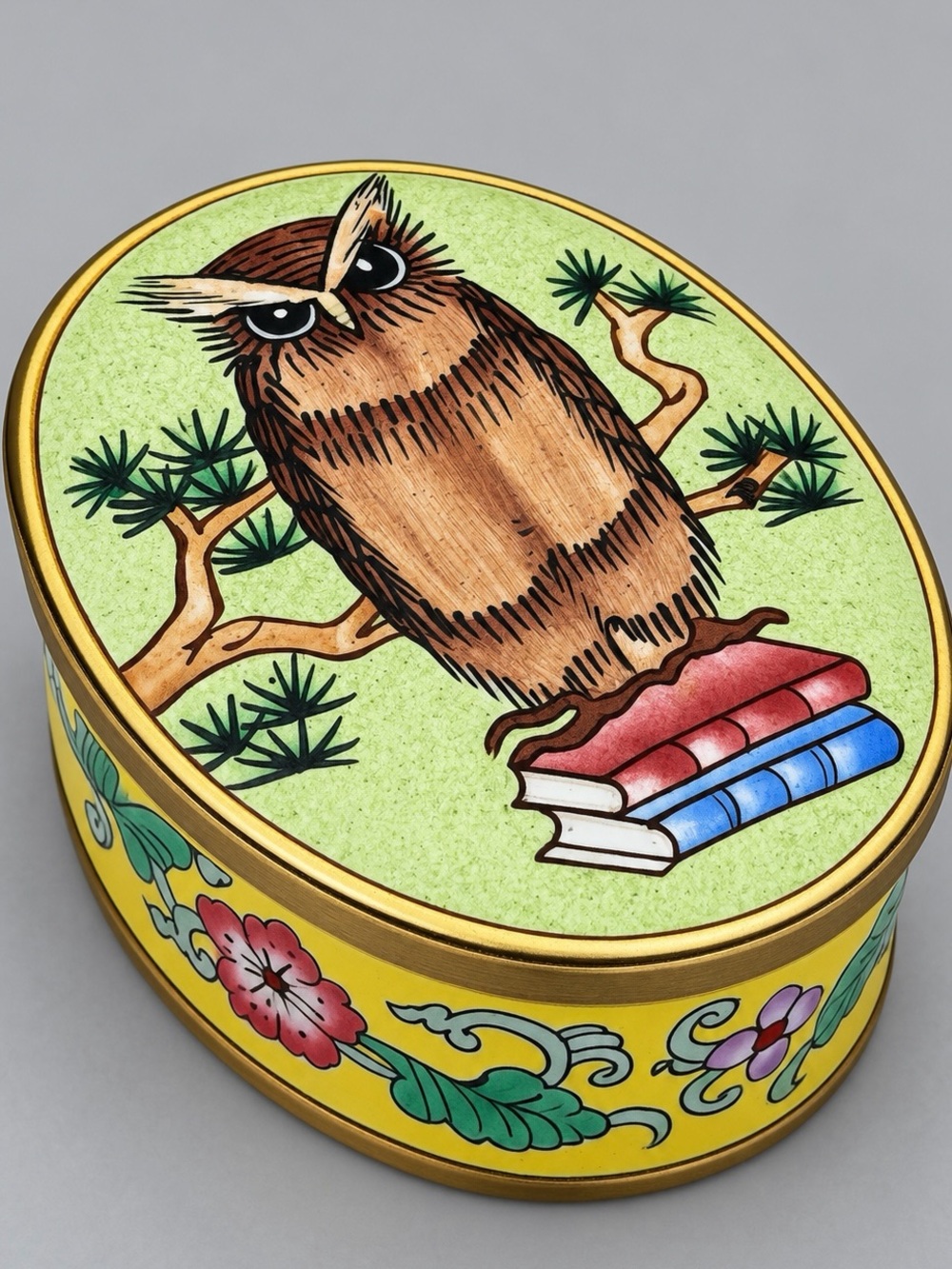 Vintage Enamel Owl Trinket Box in Yellow and Green